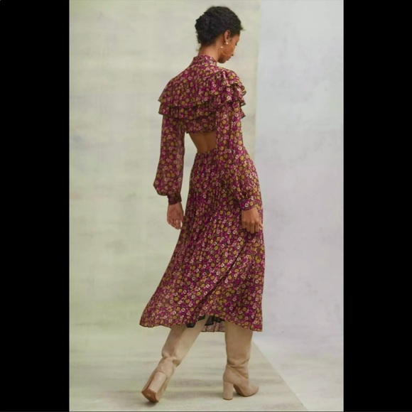 Ronny Kobo Ruffle Design Cut-Out Backless Floral Puff Sleeve Maxi Dress Pink - Picture 6 of 8